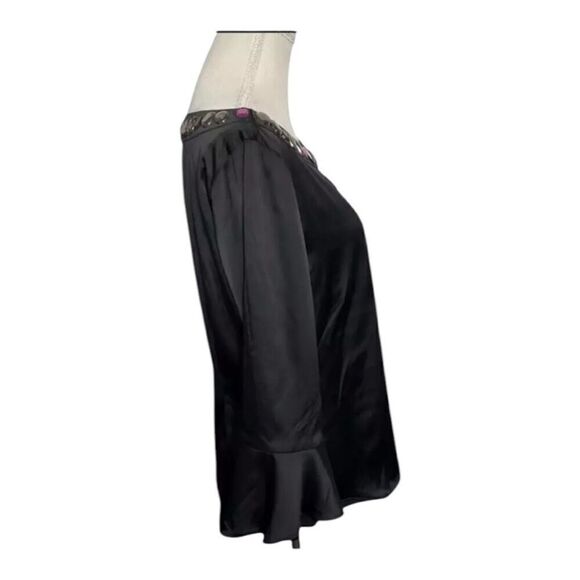 ECI New York Black Soft Satin Rhinestone Bell-Sleeve Blouse Size L Stretch Zip - Picture 5 of 12